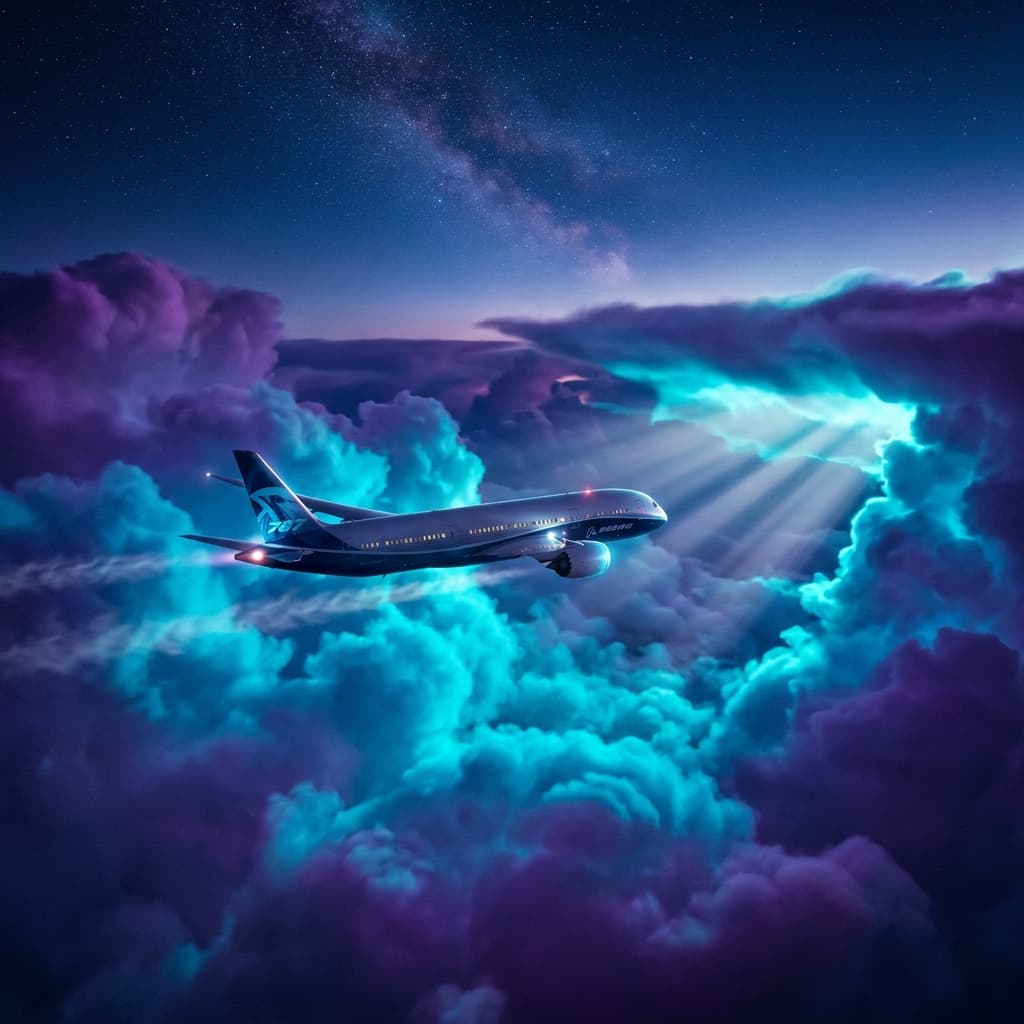 Photographie majestueuse d'un avion volant au coucher du soleil à travers des nuages néons