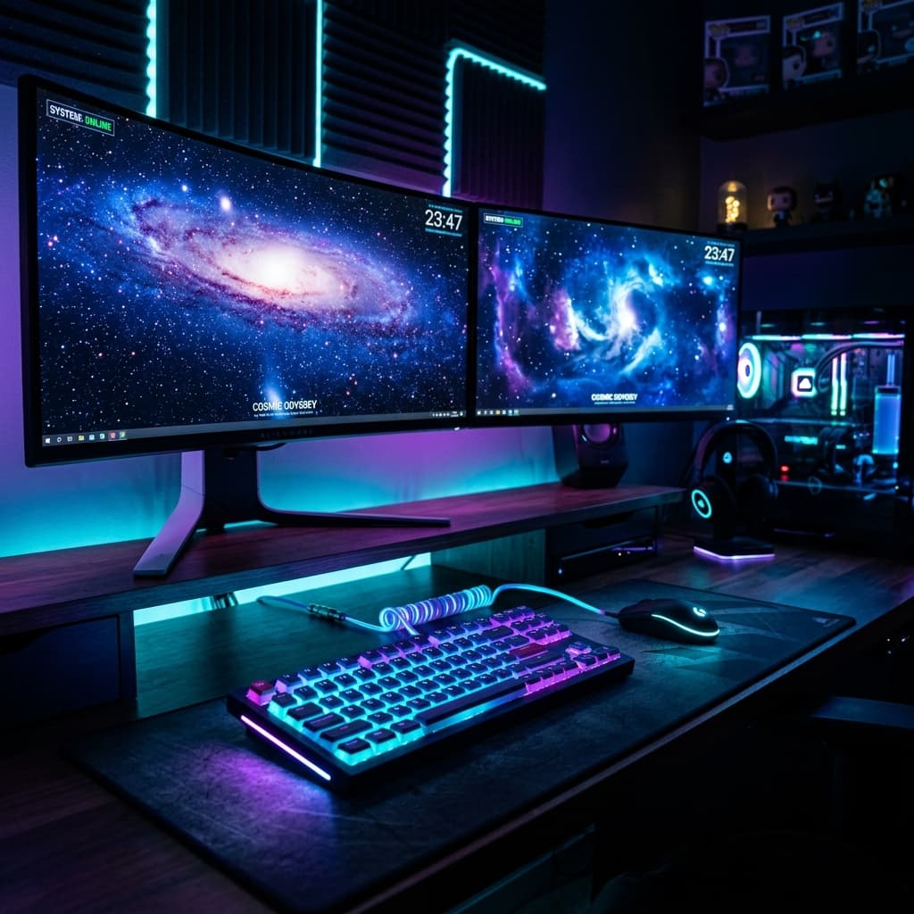Gros plan cinématique d'un setup de jeu vidéo moderne la nuit avec des touches de clavier mécaniques rétroéclairées en néon cyan et violet