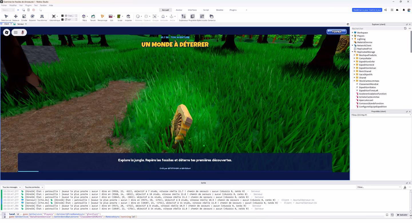 Présentation de l’exploration et des fossiles dans la jungle, en test dans Roblox Studio