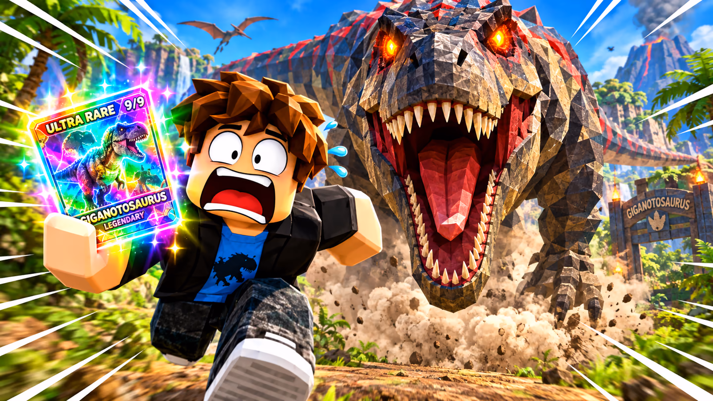 Illustration du jeu Roblox : un explorateur poursuivi par un dinosaure géant, une carte à collectionner à la main
