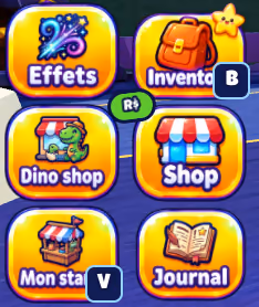 Boutons illustrés de l’interface : inventaire, boutiques, stand et journal