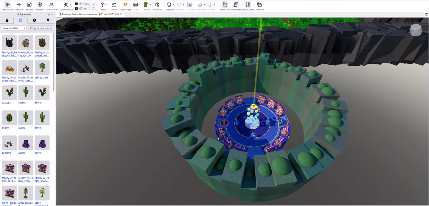 Vue d’ensemble du lobby circulaire et des stands dans Roblox Studio